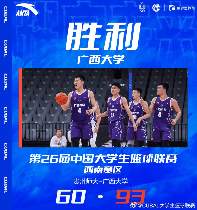 CUBAL大学生篮球联赛西南赛区贵州师范大学60-93不敌广西大学