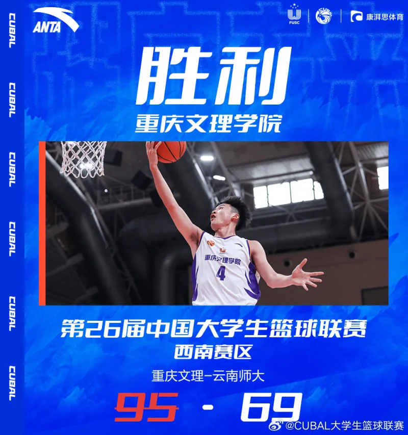 CUBAL大学生篮球联赛西南赛区重庆文立95-69战胜云南师范大学